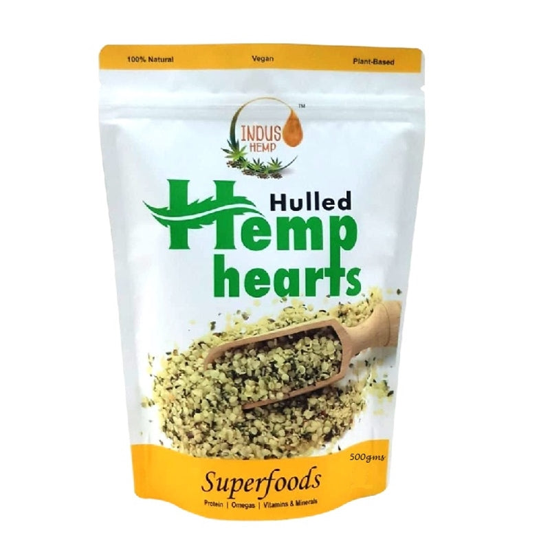 Package of hulled hemp hearts with Indus Hemp branding on a white background