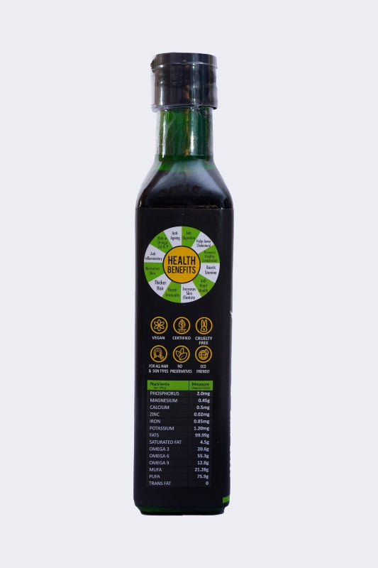 Bottle of hemp seed oil with a label on a white background