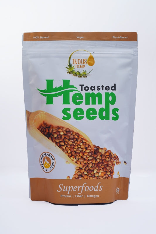 Package of toasted hemp seeds with 'Hemp' branding on a white background