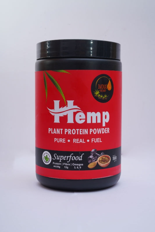 Hemp plant protein powder container on a white background