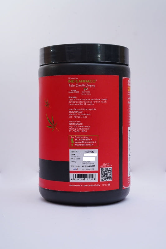 Red and black container with label on a white background