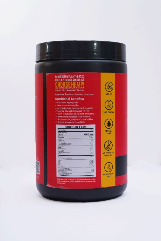 Black container with red and yellow label on a white background