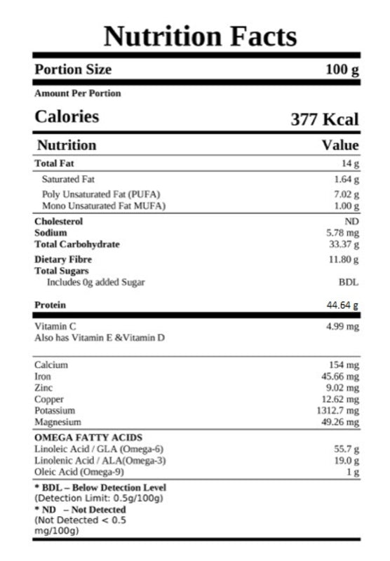 Nutrition facts label for a food product with detailed nutritional information.