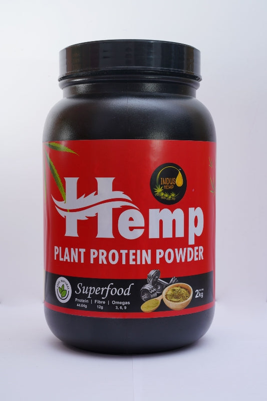 Black container of Hemp Plant Protein Powder with red label on a white background