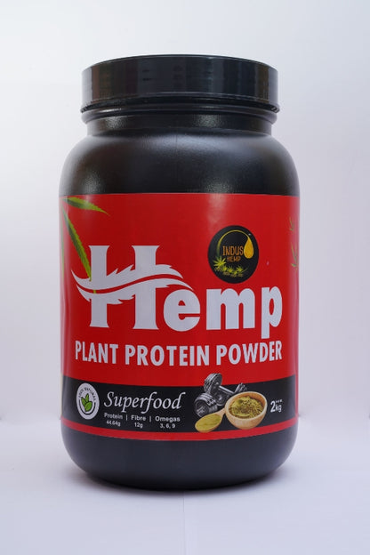 Black container of Hemp Plant Protein Powder with red label on a white background