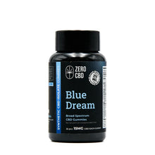 Load image into Gallery viewer, Zero CBD Blue Dream Gummies in Resealable Container (Sugarfree, Vegan, 25mg CBD) - Relax &amp; Relieve Stress. - This alt text highlights the benefits (relaxation, stress relief), mentions the resealable container for convenience, and includes sugar-free, vegan properties, and CBD strength.
