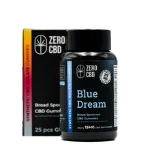 Load image into Gallery viewer, A bottle &amp; box contains of Zero CBD Blue Dream Sugarfree Vegan Broad Spectrum CBD Gummies - 25mg CBD per Gummy
