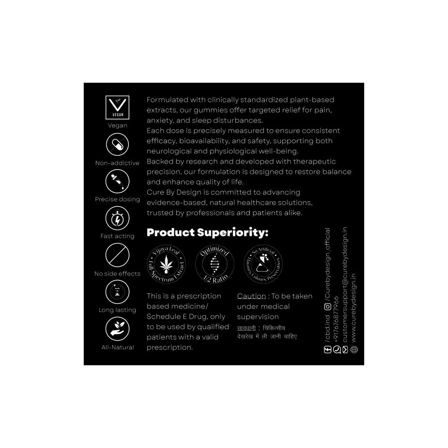 Product label with text and icons on a black background