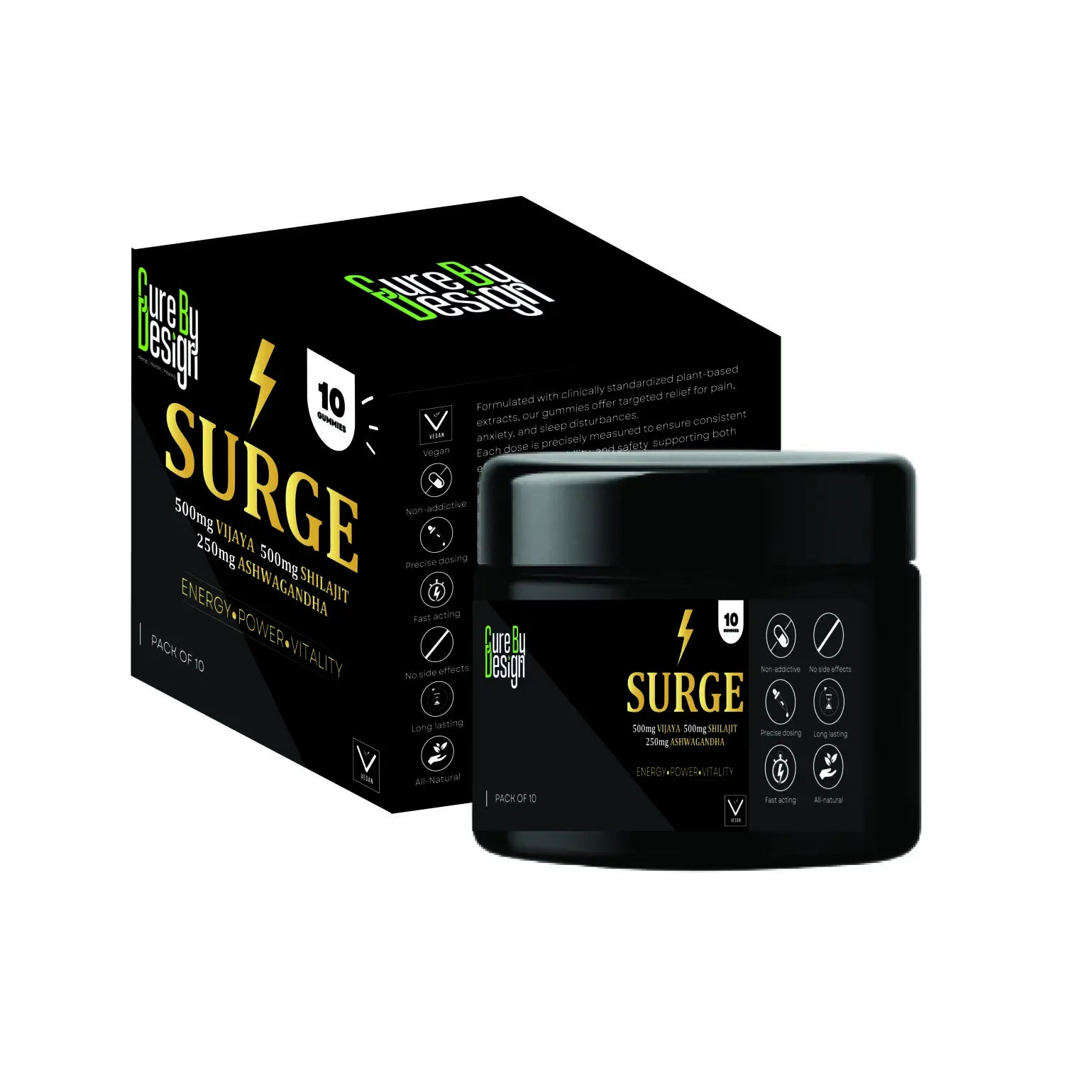 Black container and packaging with 'Surge Full Spectrum Vijaya Gummies' branding on a white background