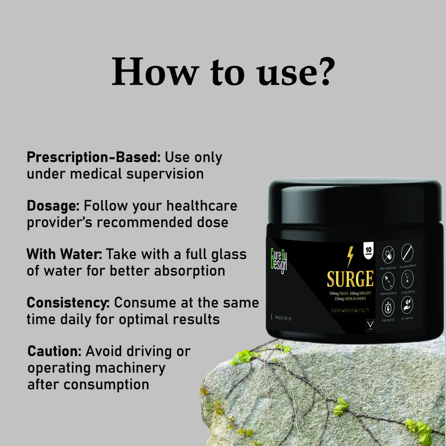 Jar labeled 'Surge Full Spectrum Vijaya Gummies' with usage instructions on a gray background