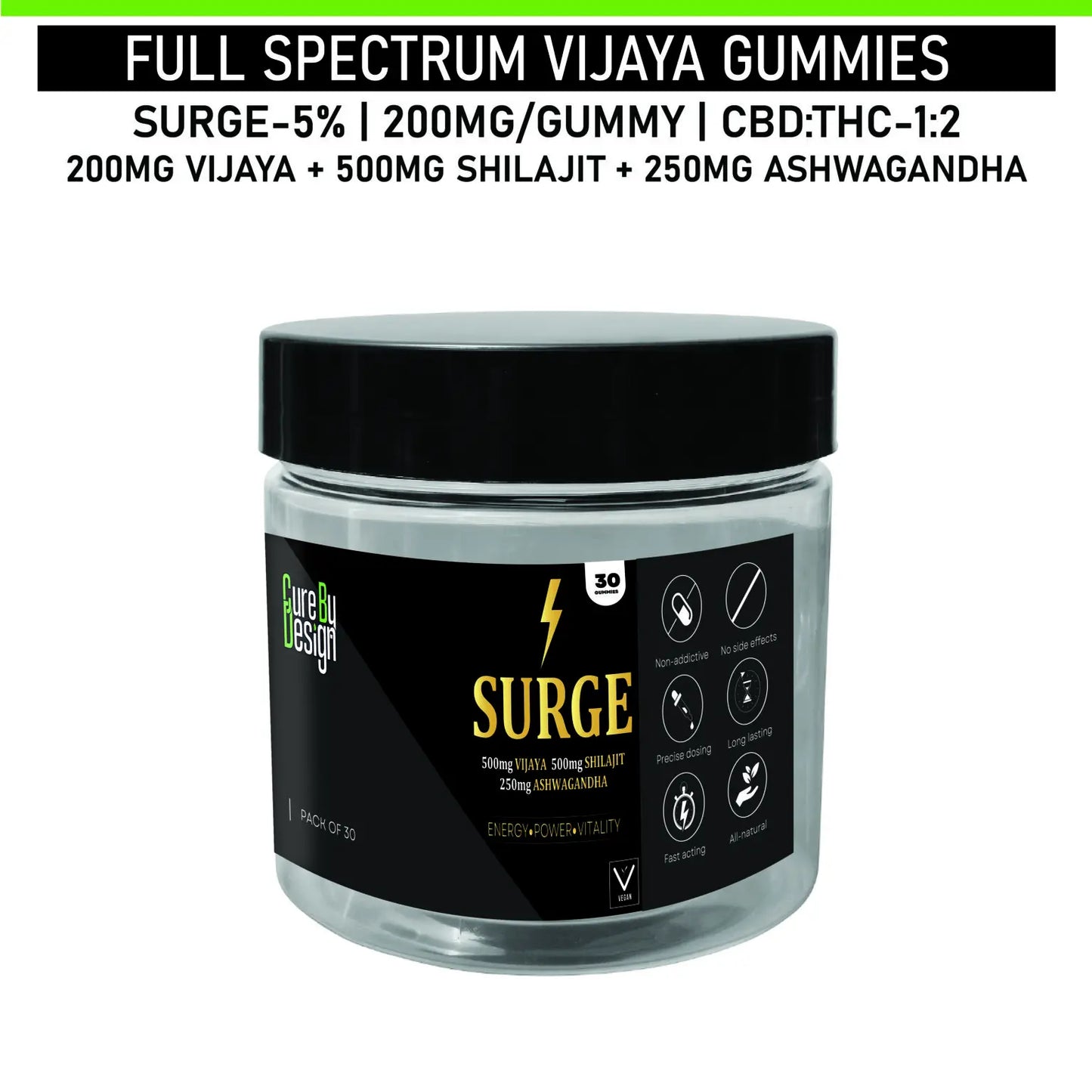 Jar of Full Spectrum Vijaya Gummies with label on a white background