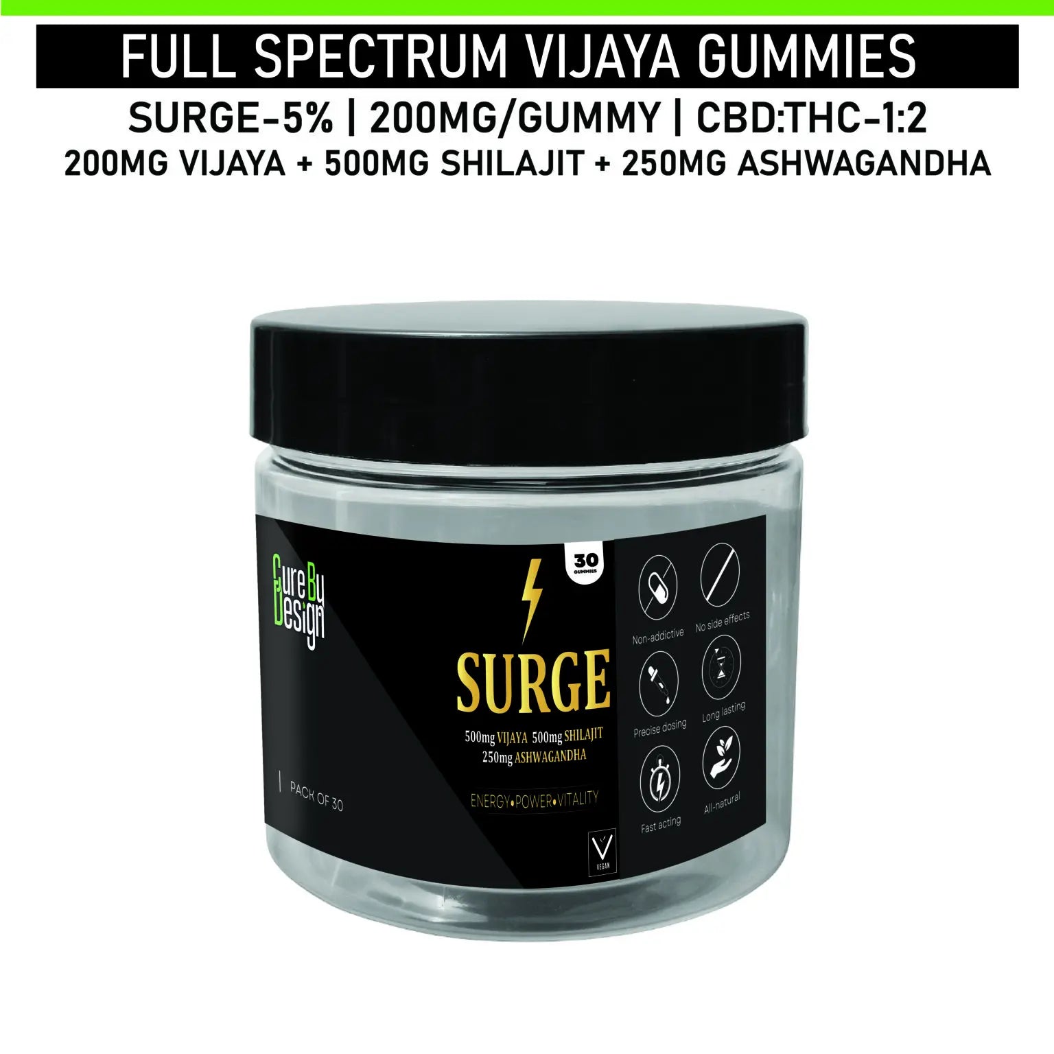 Jar of Full Spectrum Vijaya Gummies with label on a white background