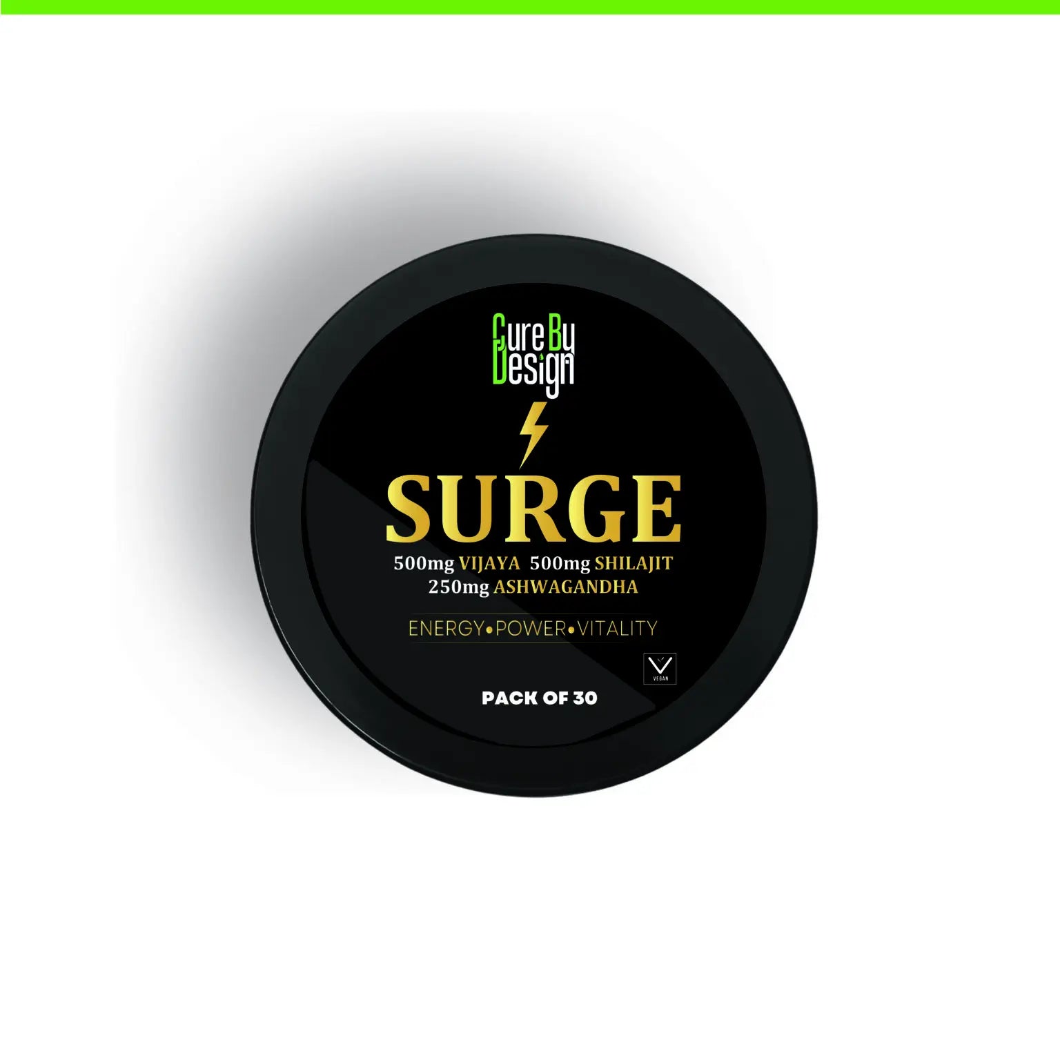 Cure by Design Surge Full Spectrum Vijaya Gummies supplement container on a white background