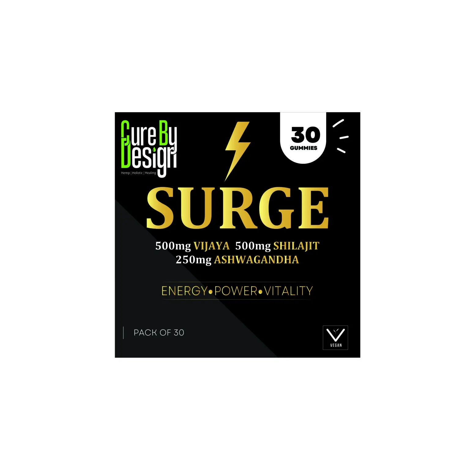 Cure By Design Surge Full Spectrum Vijaya Gummies supplement packaging on a white background