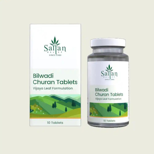 "Box and bottle of Bilwadi Churan Tablets by Sanan Relief.

