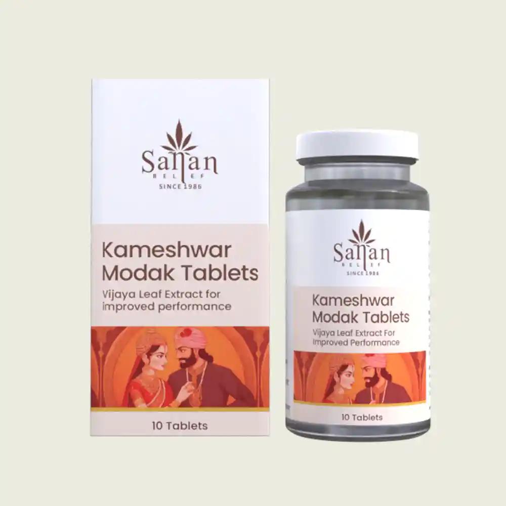 Box and bottle of Satval Relief Kameshwar Modak Tablets.