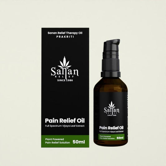 A 50ml bottle of Sanan Topical Pain Relief Oil with a black label and dropper, indicating it is a full spectrum CBD oil solution.