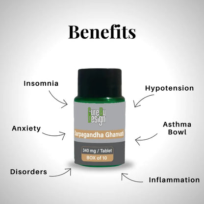 Bottle of 'Sarpagandha Ghanvati' with labeled benefits on a gray background