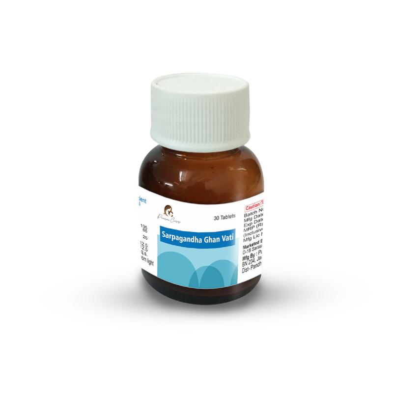 Small brown bottle with a white cap and a label for "Sarpagandha Ghan Vati" by Paarmi Cares.
