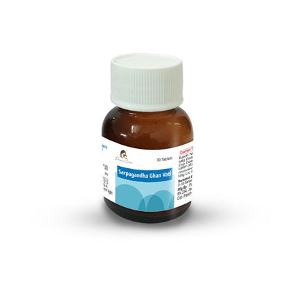 Small brown bottle with a white cap and a label for "Sarpagandha Ghan Vati" by Paarmi Cares.