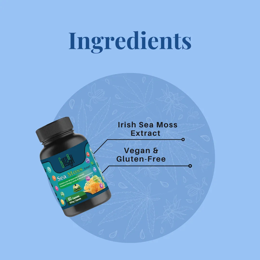 Bottle of Cure By Design: Seamoss Extract 500mg | 60 Capsules with text on a blue background