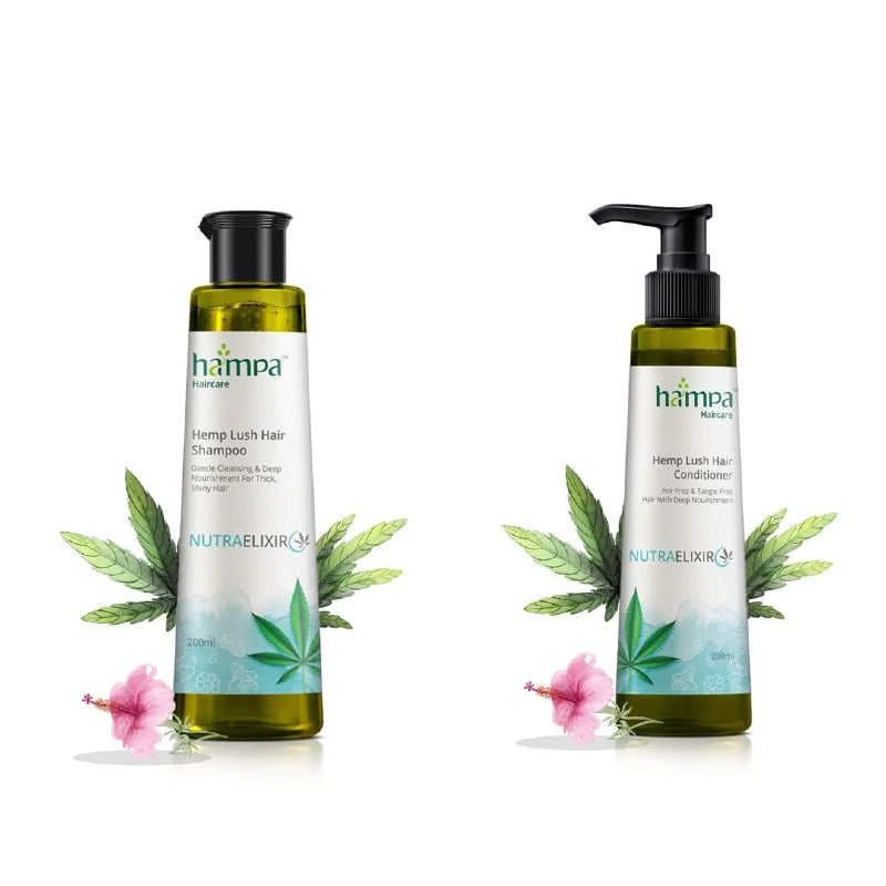 Two bottles of Hampa Hemp Lush Hair Shampoo and Conditioner with cannabis leaves and flowers on a white background