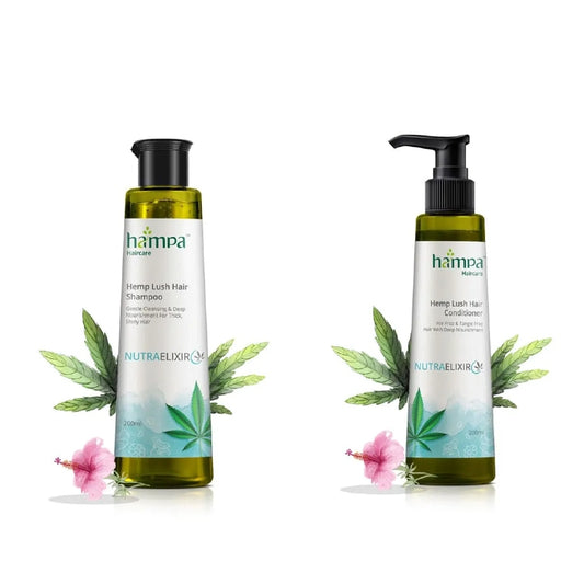 Two bottles of Hampa Hemp Lush Hair Shampoo and Conditioner with cannabis leaves and flowers on a white background