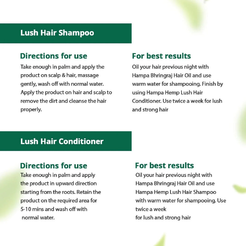 Instructions for using Lush Hair Shampoo and Conditioner with Hampa Bhringraj Oil on a white background.