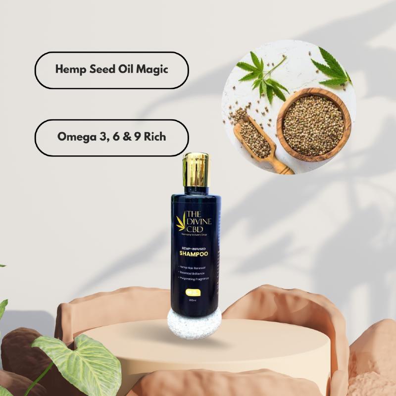The Divine CBD hemp-infused shampoo bottle on a round platform, with captions 'Hemp Seed Oil Magic' and 'Omega 3, 6 & 9 Rich'. 