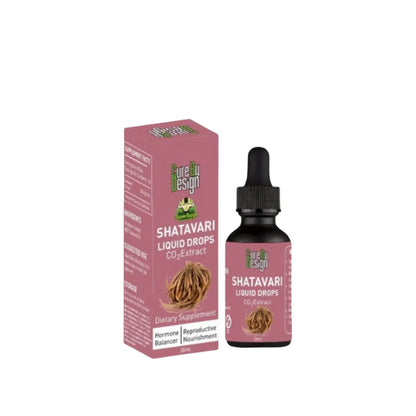 Shatavari liquid drops and packaging on a white background