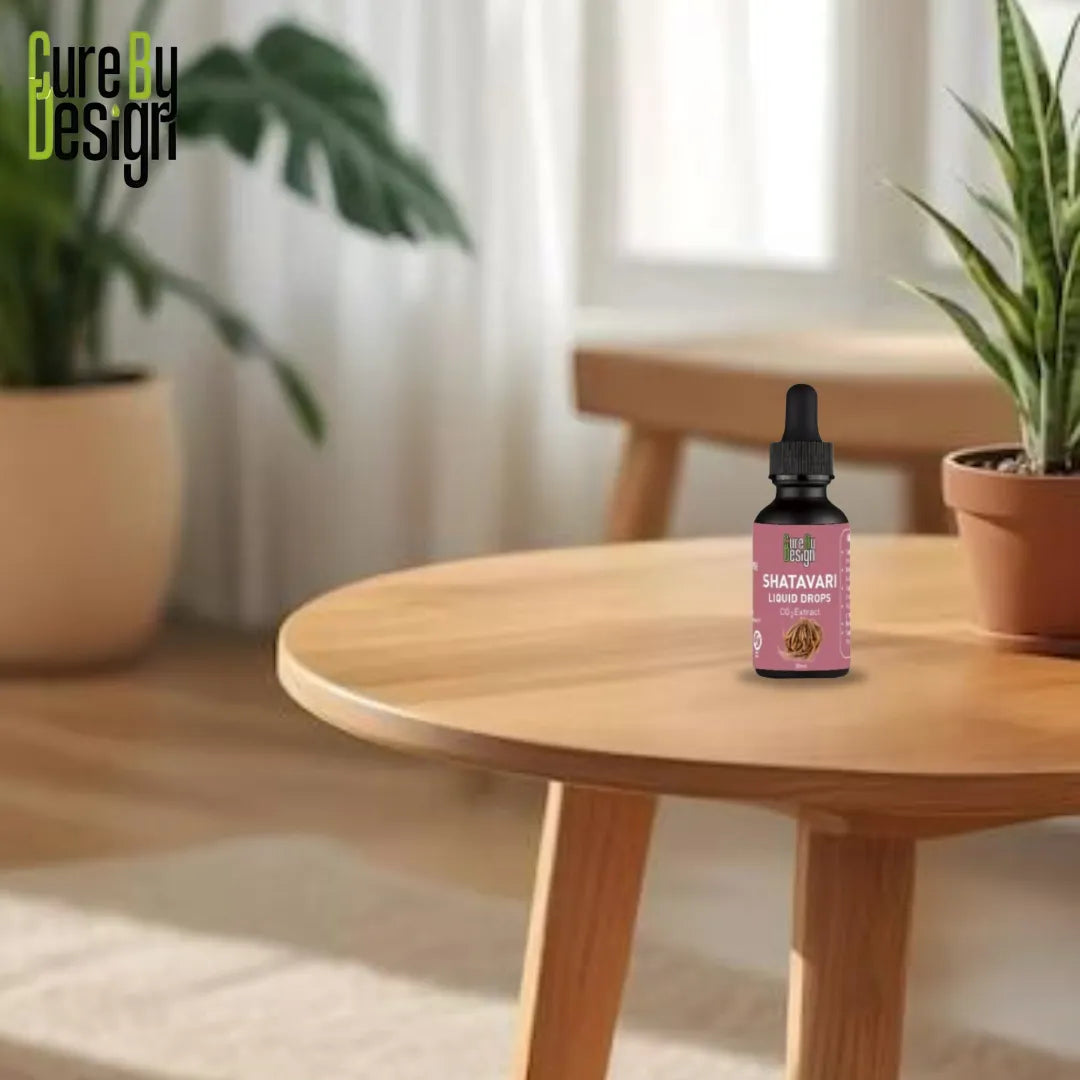 Bottle of Shatavari on a wooden table with plants in the background