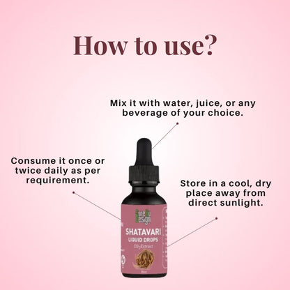 Shatavari liquid drops bottle with usage instructions on a pink background