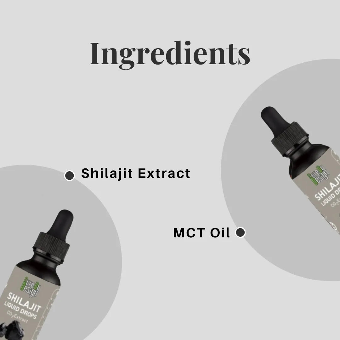 Shilajit Extract and MCT Oil with 'Ingredients' text on a light gray background