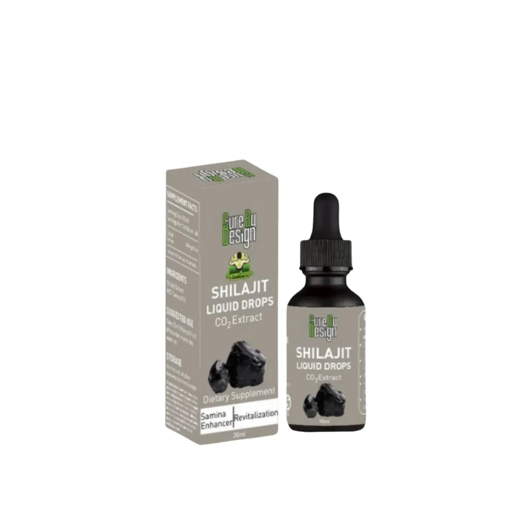 Shilajit liquid drops and packaging on a white background