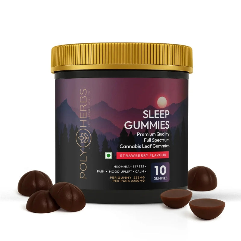Jar of Poly Herbs CBD Sleep Gummies with gummies around on a white background
