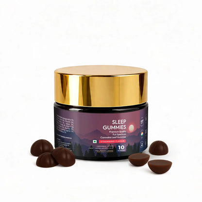 Gold lid container labeled 'Sleep Gummies' with CBD gummies on a white background