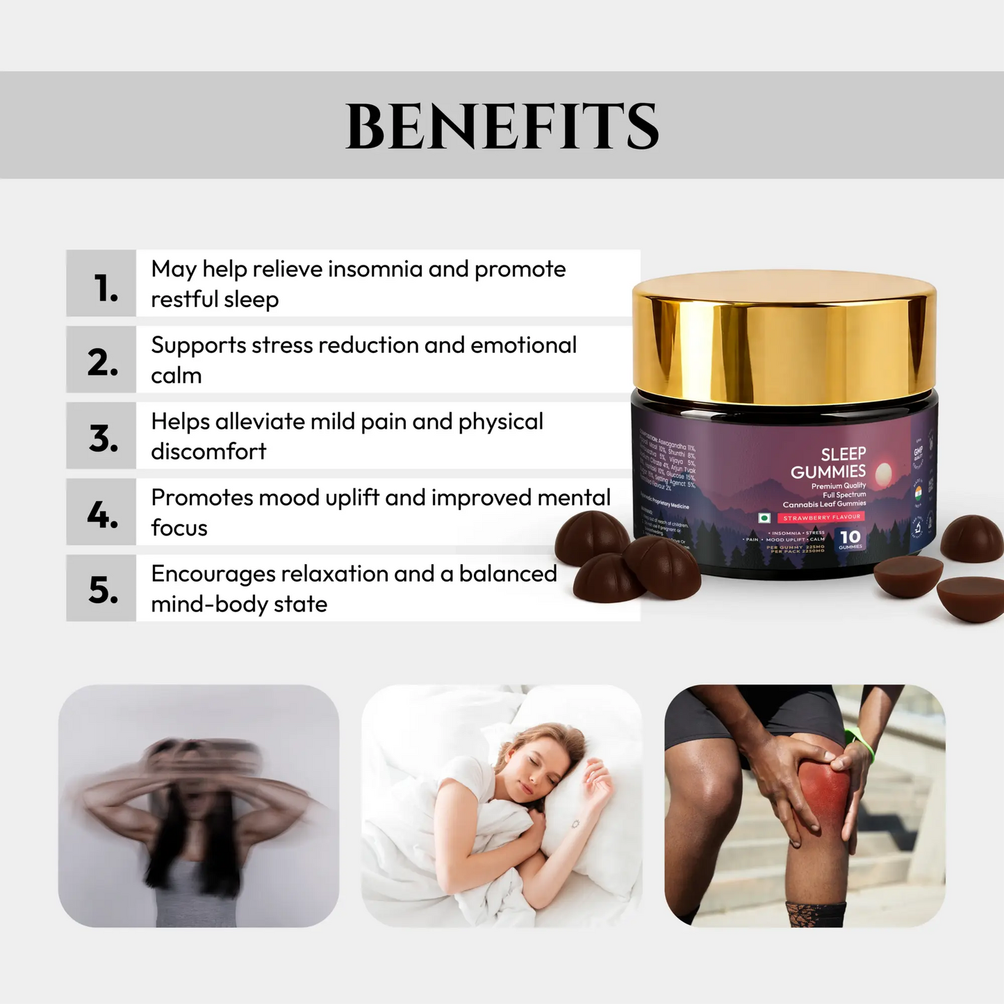 Sleep CBD gummies packaging with benefits listed on a white background