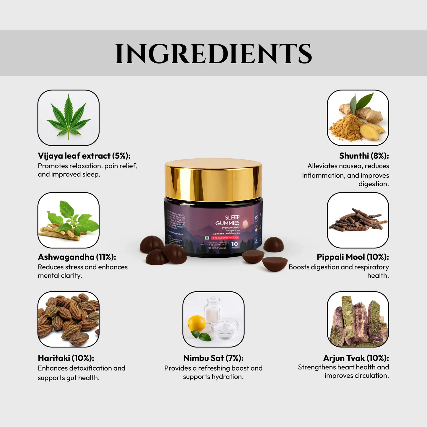 Sleep CBD gummies with ingredients listed on a white background