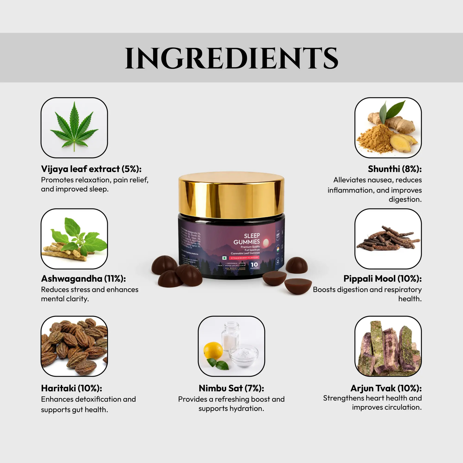 Sleep CBD gummies with ingredients listed on a white background