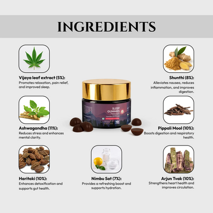 Sleep CBD gummies with ingredients listed on a white background