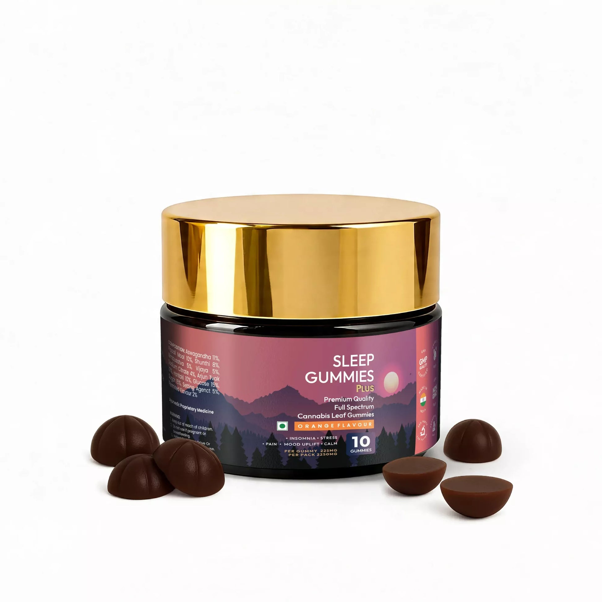 Gold container of 'Sleep Gummies Plus' with orange flavour gummies on a white background