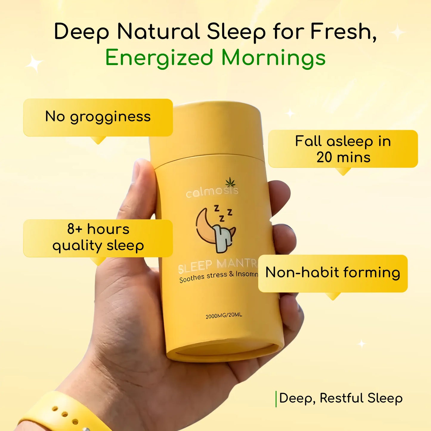 Yellow container labeled 'Sleep Mantra' CBD Product held by a hand with text highlighting benefits on a yellow background