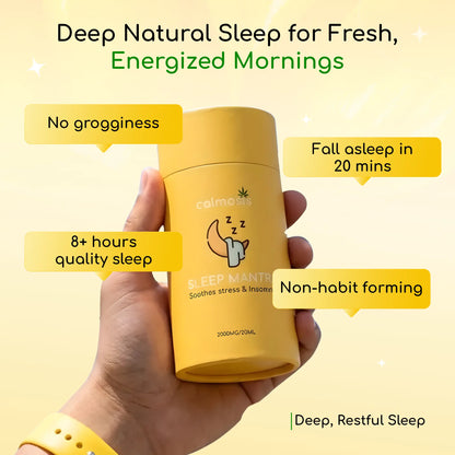 Yellow container labeled 'Sleep Mantra' CBD Product held by a hand with text highlighting benefits on a yellow background