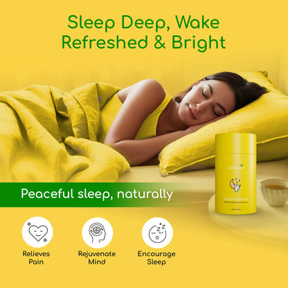 Person sleeping in a yellow bed with a product container next to them, promoting peaceful sleep.