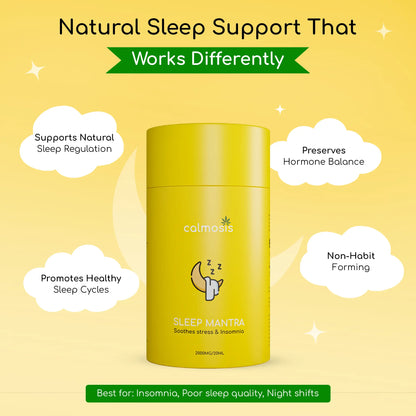 Yellow container labeled 'Sleep Mantra' with text about natural sleep support CBD Product on a yellow background