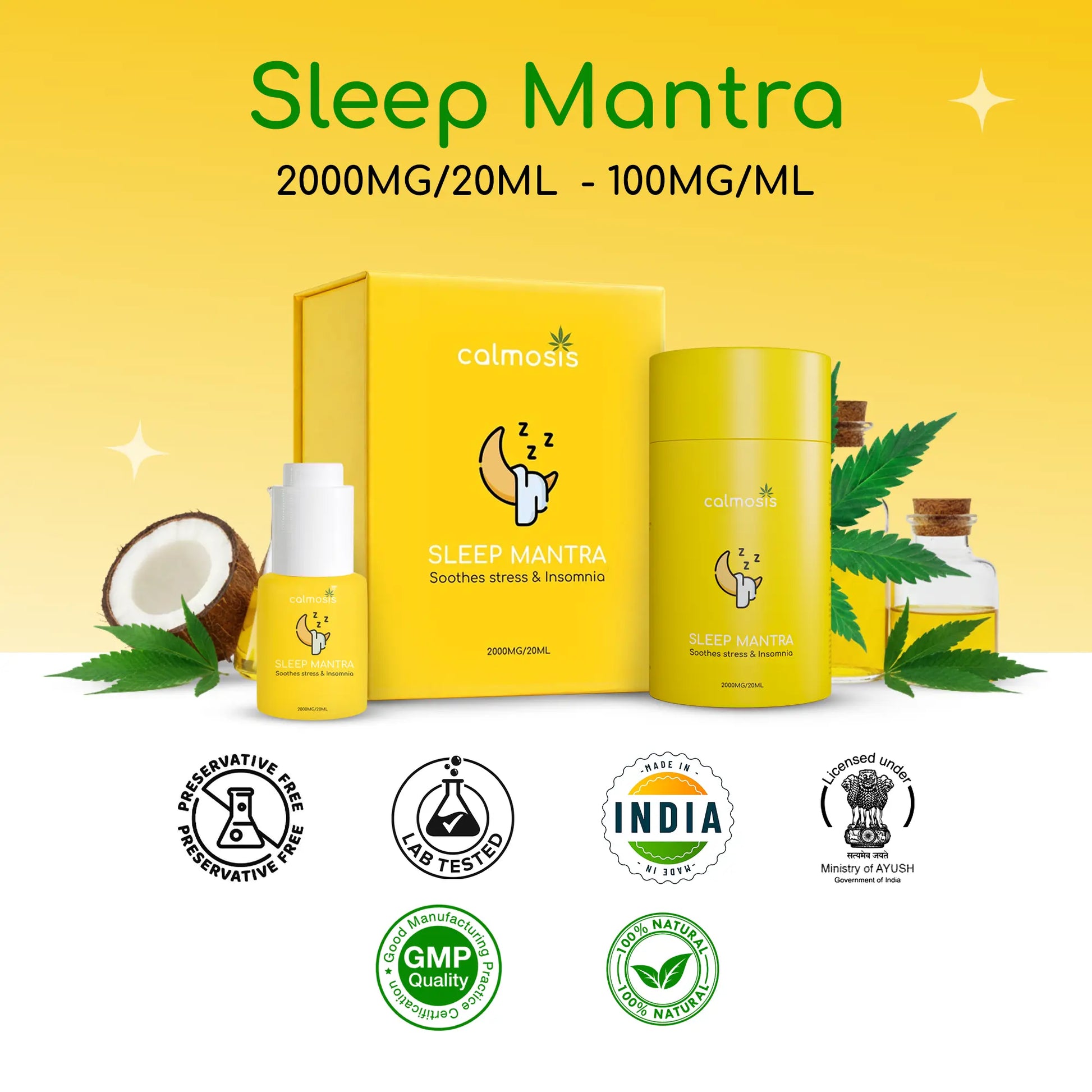 Sleep Mantra CBD product packaging with yellow bottles and box on a yellow background