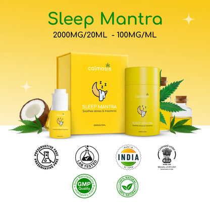 Sleep Mantra CBD product packaging with yellow bottles and box on a yellow background