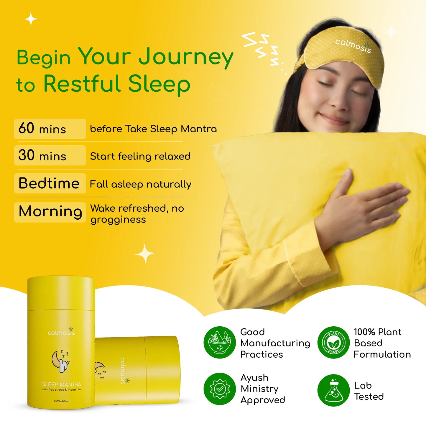 Promotional image of a woman wearing a yellow sleep mask and holding a pillow, with text about restful sleep and a yellow product on a yellow background.