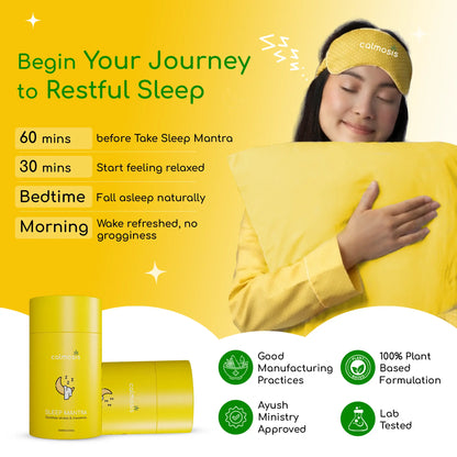 Promotional image of a woman wearing a yellow sleep mask and holding a pillow, with text about restful sleep and a yellow product on a yellow background.