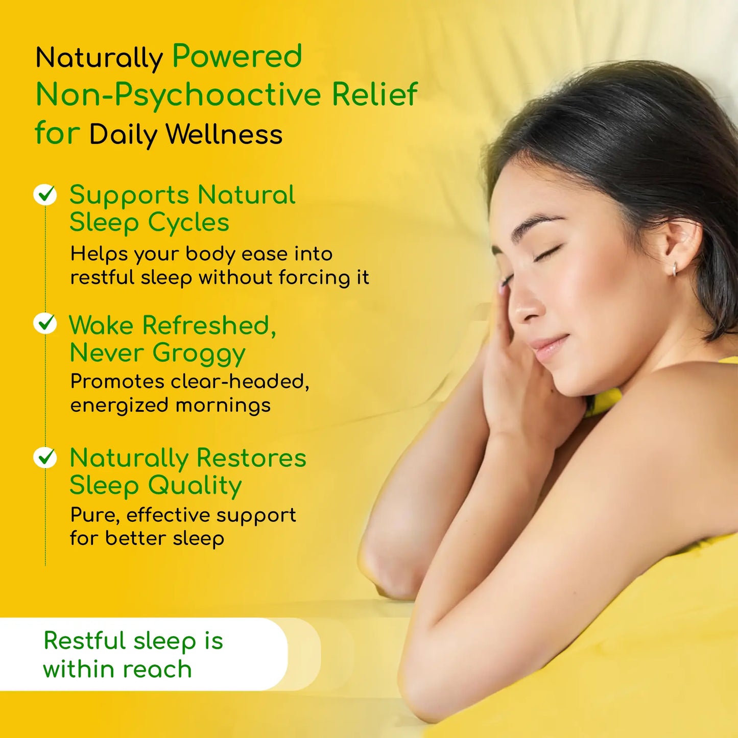 Woman sleeping with text about natural sleep support on a yellow background